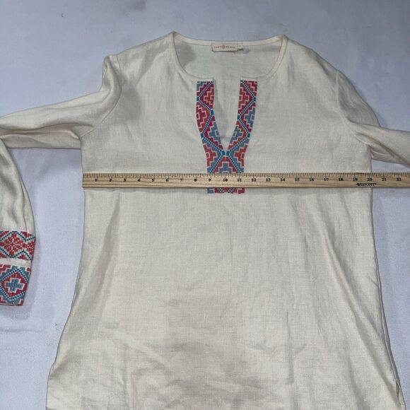 Tory Burch McKenna Tunic Top Ivory Linen $350 – Size 10 Embroidered V Neck - Picture 10 of 13